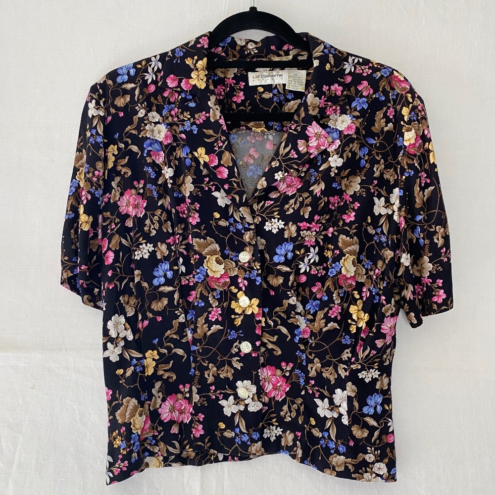 Vintage Liz Claiborne Floral Button Up Mid Length Sleeve Top Size 10